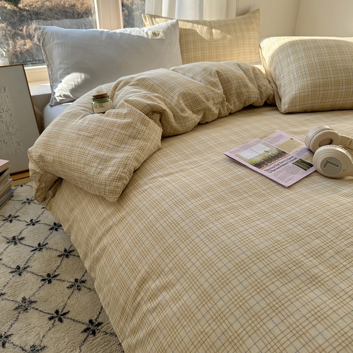 91家纺网 家纺一手货源 找家纺 三朵家纺 2025新款全棉双层纱混搭四件套 沐光-咖