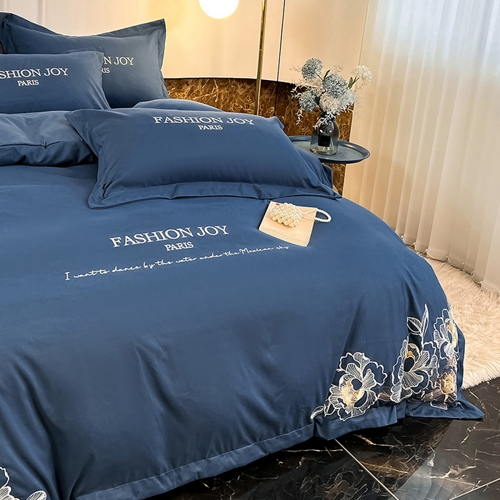 91家纺网 家纺一手货源 找家纺 梵克保罗 2025新款直播热卖长绒棉刺绣花边四件套-繁星系列 繁星-钻石蓝