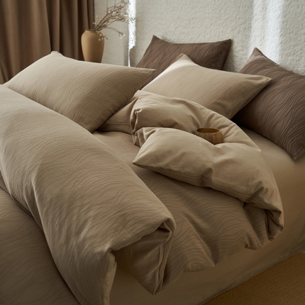 2025新款纯棉水洗棉三层波浪纹提花四件套 波浪纹-浅驼