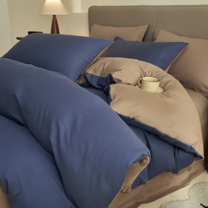 91家纺网 家纺一手货源 找家纺 2025新款全棉13372水洗棉双拼四件套（影棚暗光） 布鲁兰+拾柴