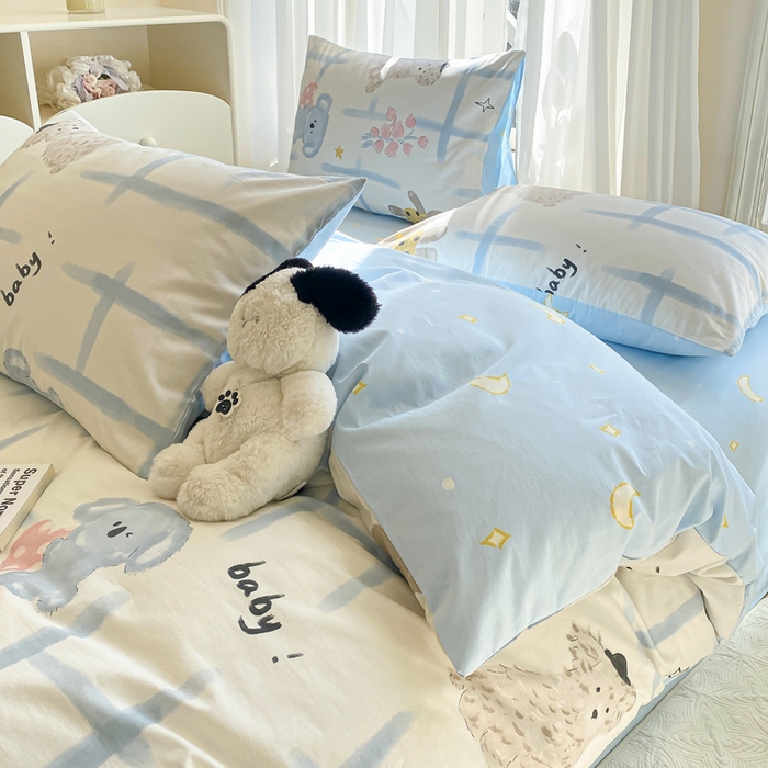 91家纺网 家纺一手货源 找家纺 宜家坊 2025早春新品全棉纯棉喷气13070小清新印花纯棉四件套-风格二 玩偶派对