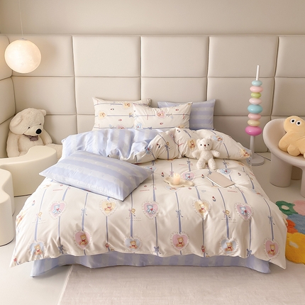 91家纺网 家纺一手货源 找家纺 宜家坊 2025开春新品全棉喷气13070小清新印花纯棉全棉四件套-风格一 熊美眉