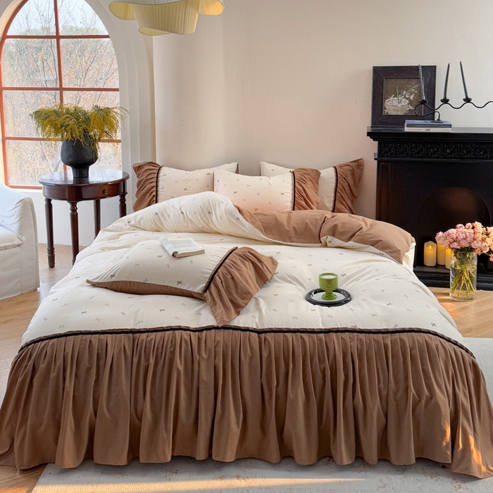 91家纺网 家纺一手货源 找家纺 沐慕 2025新款法式针织双层纱印花系列四件套 蝴蝶结