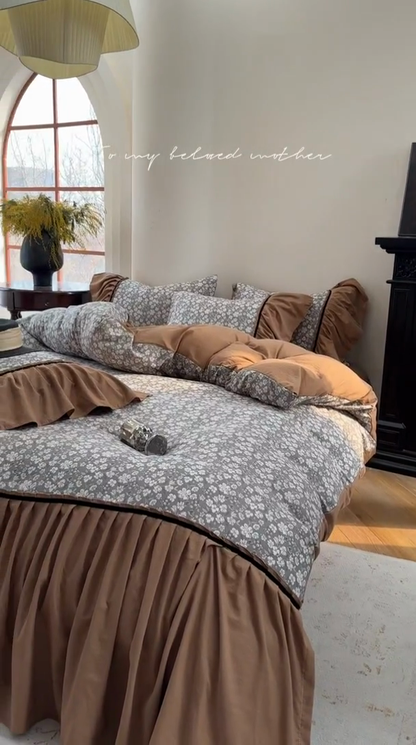 91家纺网 家纺一手货源 找家纺 沐慕 2025新款法式针织双层纱印花系列四件套 椿山集 咖