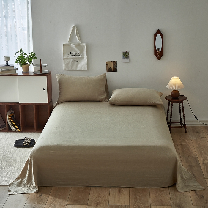 91家纺网 家纺一手货源 找家纺 水洗的故事 2025新款全棉A类皱皱纱纯色混搭四件套 米茶