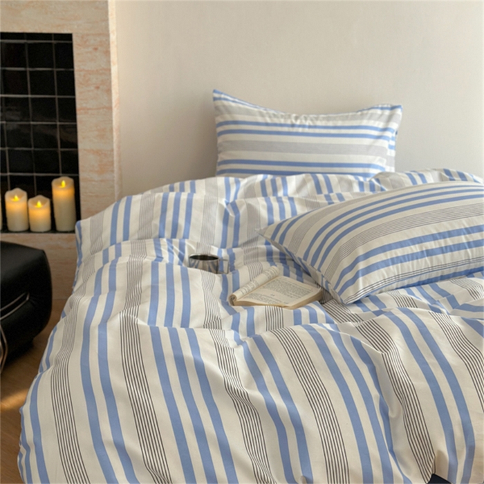 91家纺网 家纺一手货源 找家纺 金丝鸟家纺 2025新款全棉斜纹印花条纹系列四件套及单品 具象蓝