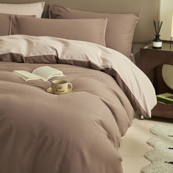 91家纺网 家纺一手货源 找家纺 2025新款全棉13372水洗棉双拼四件套（影棚暗光） 暗香紫砂+40驼