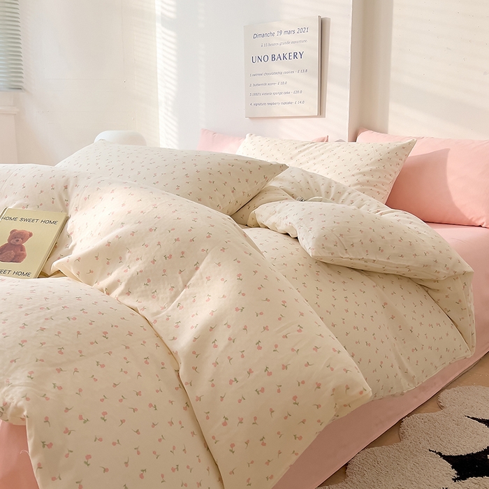 91家纺网 家纺一手货源 找家纺 DoDo 兜兜 2025新款全棉双层纱印花四件套（可定做尺寸） 朵朵小花