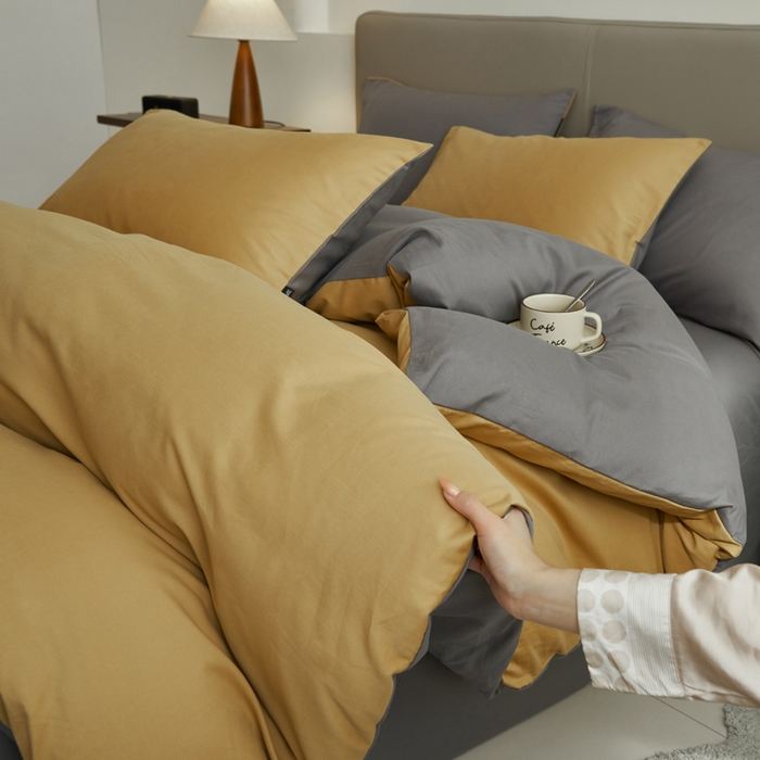 91家纺网 家纺一手货源 找家纺 2025新款全棉13372水洗棉双拼四件套（影棚暗光） 暗木幽香+宝藏灰