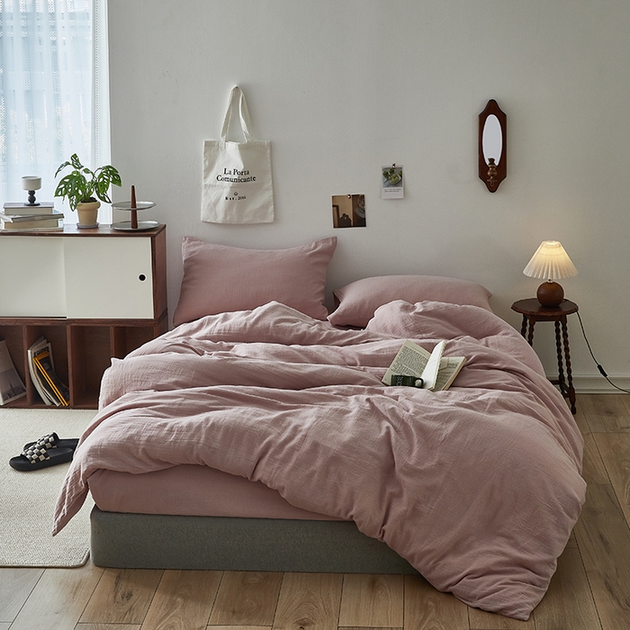 91家纺网 家纺一手货源 找家纺 水洗的故事 2025新款全棉A类皱皱纱纯色混搭四件套 奶杏