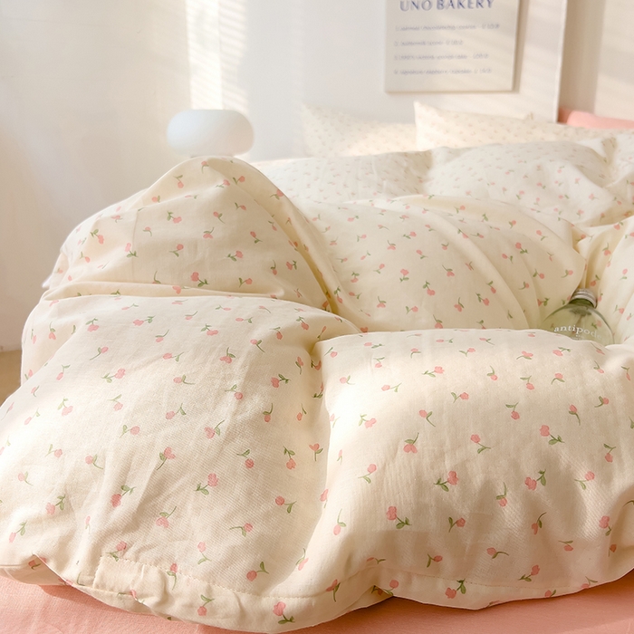 91家纺网 家纺一手货源 找家纺 DoDo 兜兜 2025新款全棉双层纱印花四件套（可定做尺寸） 朵朵小花