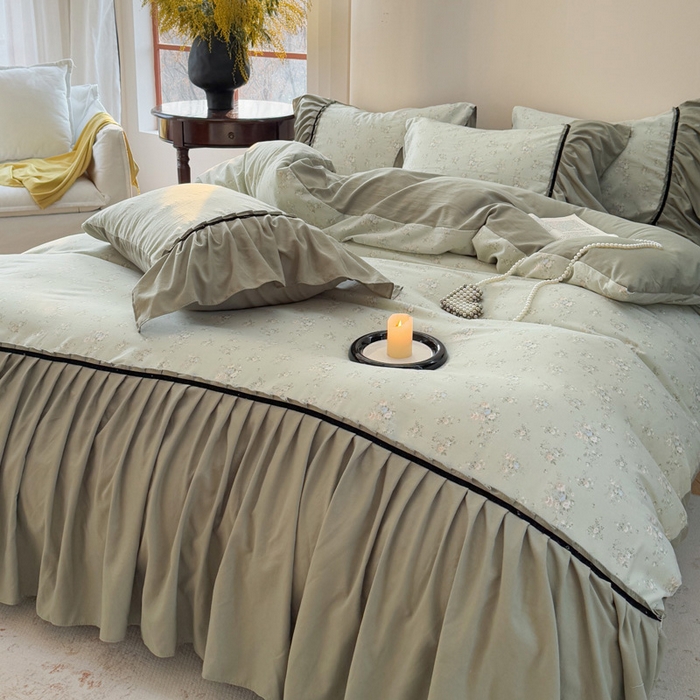 91家纺网 家纺一手货源 找家纺 沐慕 2025新款法式针织双层纱印花系列四件套 绿茶