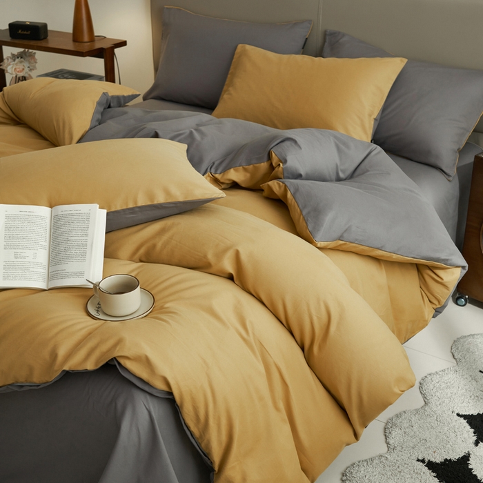 91家纺网 家纺一手货源 找家纺 2025新款全棉13372水洗棉双拼四件套（影棚亮光） 暗木幽香+宝藏灰