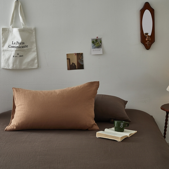 91家纺网 家纺一手货源 找家纺 水洗的故事 2025新款全棉A类皱皱纱纯色混搭四件套 燕麦