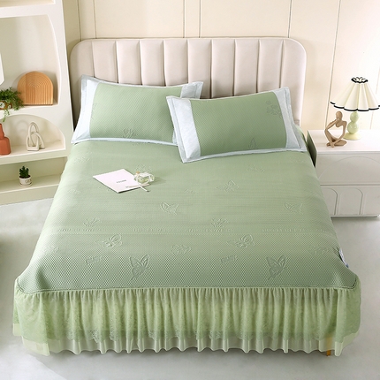 莱轩席业 2025新款A类加厚豆豆床裙款凉席 蝶恋花绿