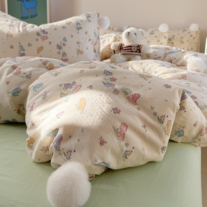 91家纺网 家纺一手货源 找家纺 金爱家 2025新款亲肤舒适纯棉双层纱四件套 双层纱-彩色小恐龙