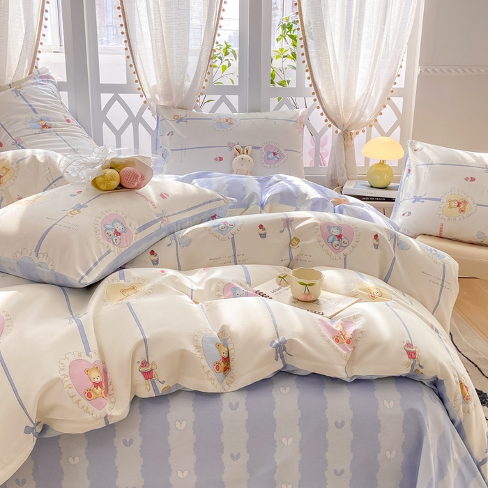 91家纺网 家纺一手货源 找家纺 宜家坊 2025早春新品全棉纯棉喷气13070小清新印花纯棉四件套-风格二 熊美眉