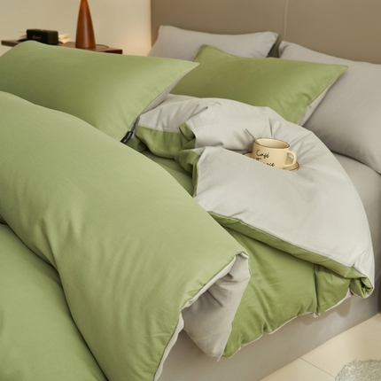 2025新款全棉13372水洗棉双拼四件套（影棚亮光） 扶苏绿+毛毯灰