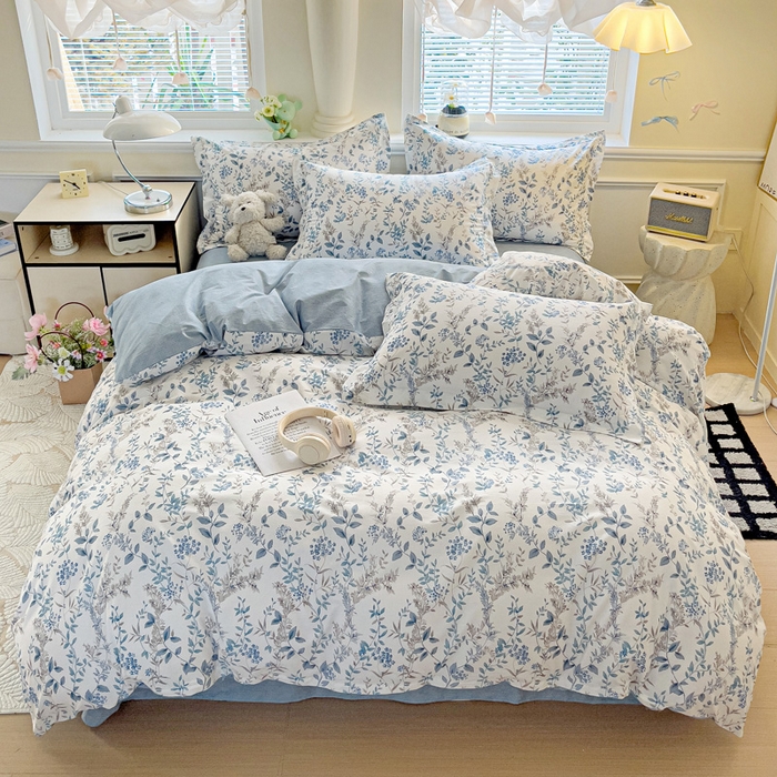 91家纺网 家纺一手货源 找家纺 大柏树 2025新款全棉13376印花四件套系列（可定制）-床单四件套青野花梦-蓝