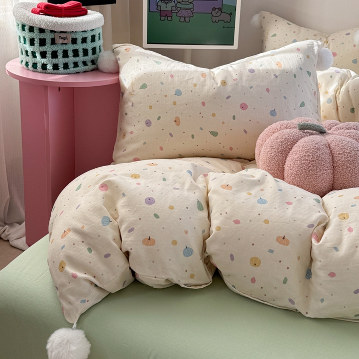 91家纺网 家纺一手货源 找家纺 金爱家 2025新款亲肤舒适纯棉双层纱四件套 双层纱-彩点点小南瓜