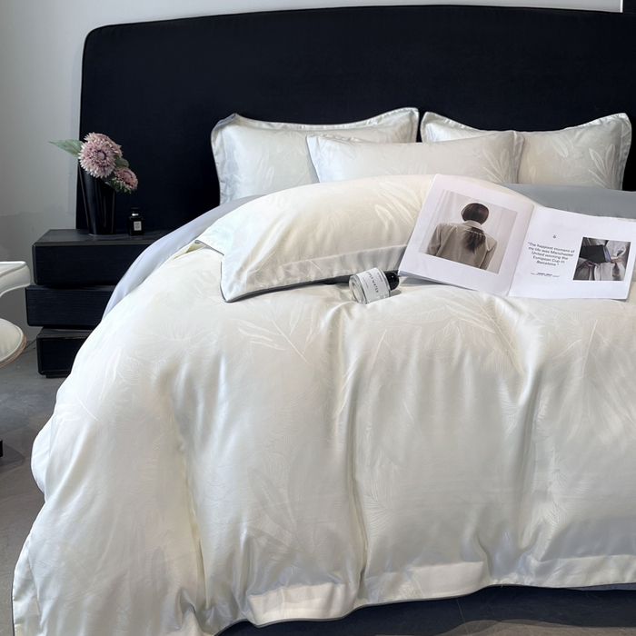 91家纺网 家纺一手货源 找家纺 米彩家纺 2025新款A类水洗真丝天丝提花四件套 一叶深清白拼灰