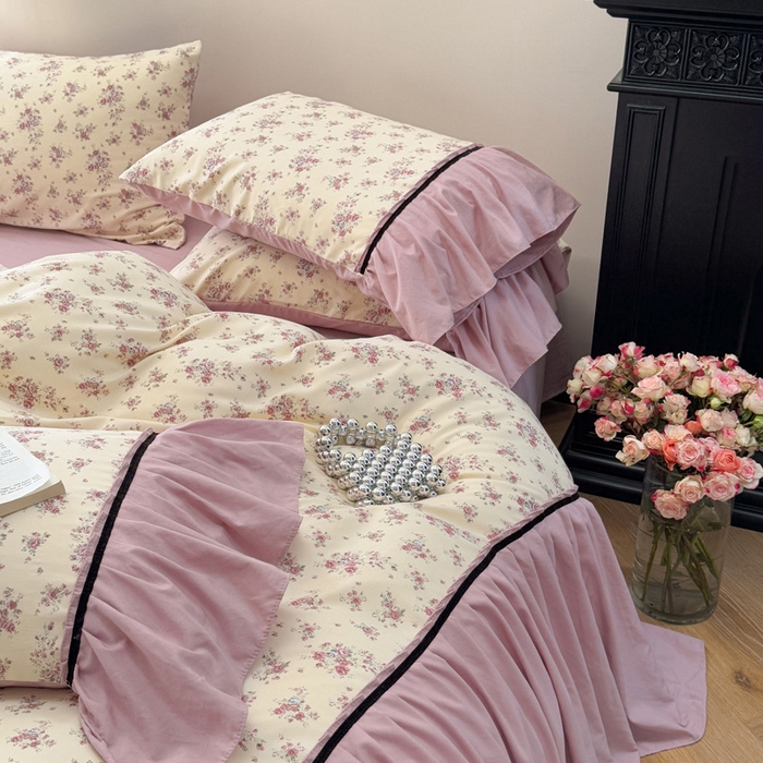 91家纺网 家纺一手货源 找家纺 沐慕 2025新款法式针织双层纱印花系列四件套 赛琳娜