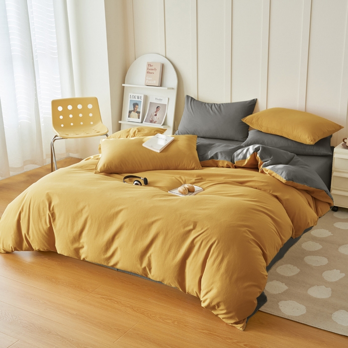 91家纺网 家纺一手货源 找家纺 2025新款全棉13372水洗棉双拼四件套（自然光） 暗木幽香+宝藏灰