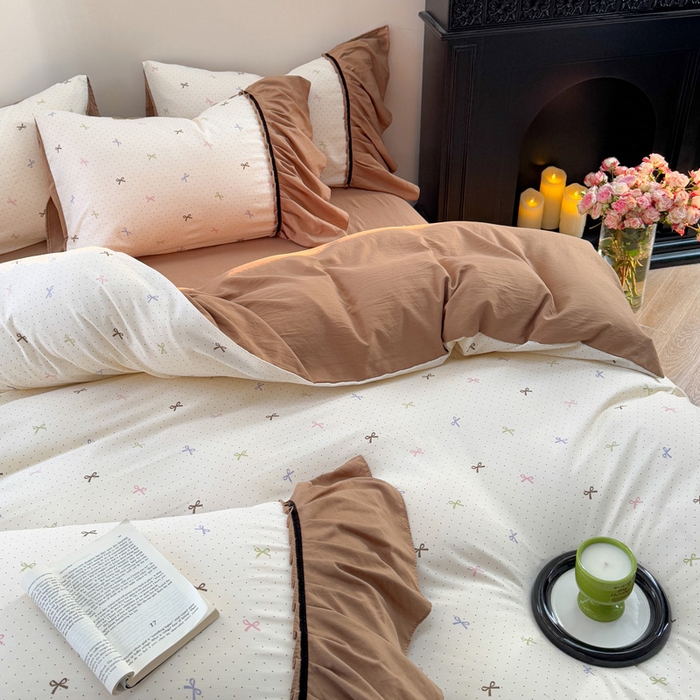 91家纺网 家纺一手货源 找家纺 沐慕 2025新款法式针织双层纱印花系列四件套 蝴蝶结