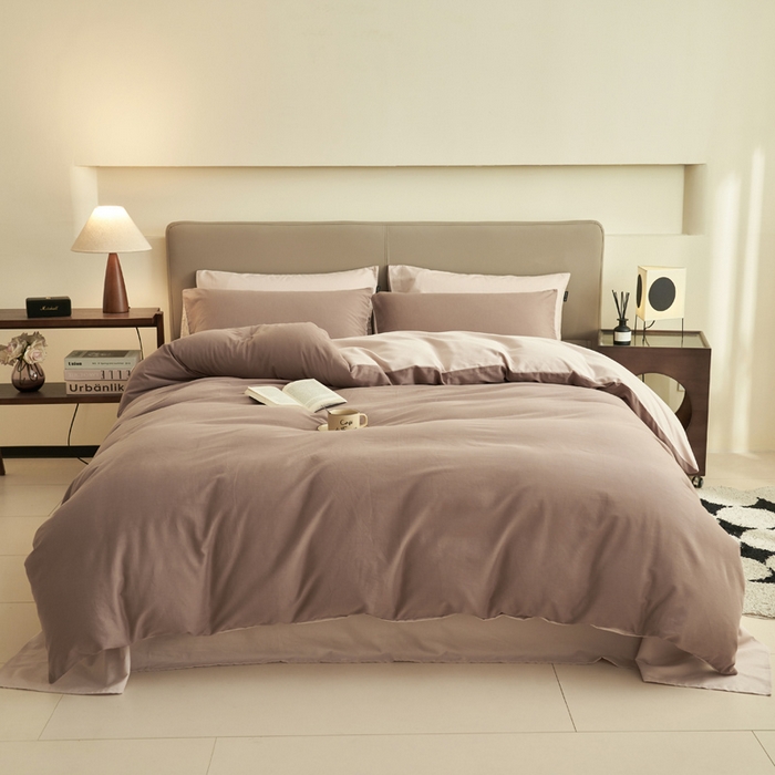 91家纺网 家纺一手货源 找家纺 2025新款全棉13372水洗棉双拼四件套（影棚亮光） 暗香紫砂+40驼