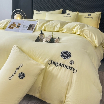 麒东家纺 2025新款刺绣水洗棉四件套山茶花系列 奶油