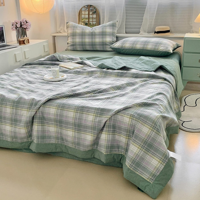 91家纺网 家纺一手货源 找家纺 水洗的故事 2025新款全棉色织水洗棉棉花夏被被子被芯 仙踪绿格