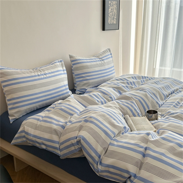 91家纺网 家纺一手货源 找家纺 金丝鸟家纺 2025新款全棉斜纹印花条纹系列四件套及单品 具象蓝