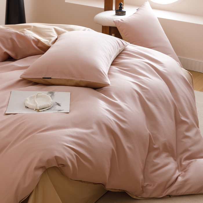 91家纺网 家纺一手货源 找家纺 2025新款60支纯棉长绒棉四件套 豆沙+香槟色