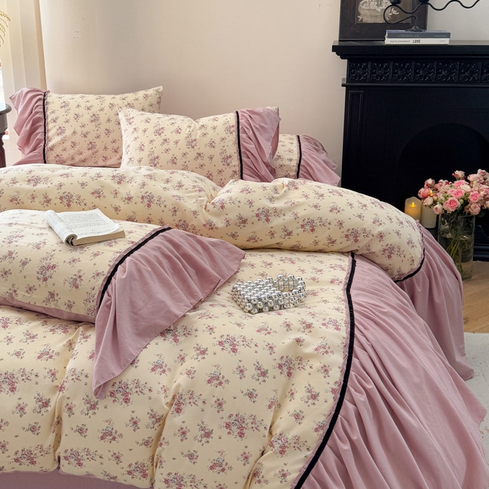 91家纺网 家纺一手货源 找家纺 沐慕 2025新款法式针织双层纱印花系列四件套 赛琳娜