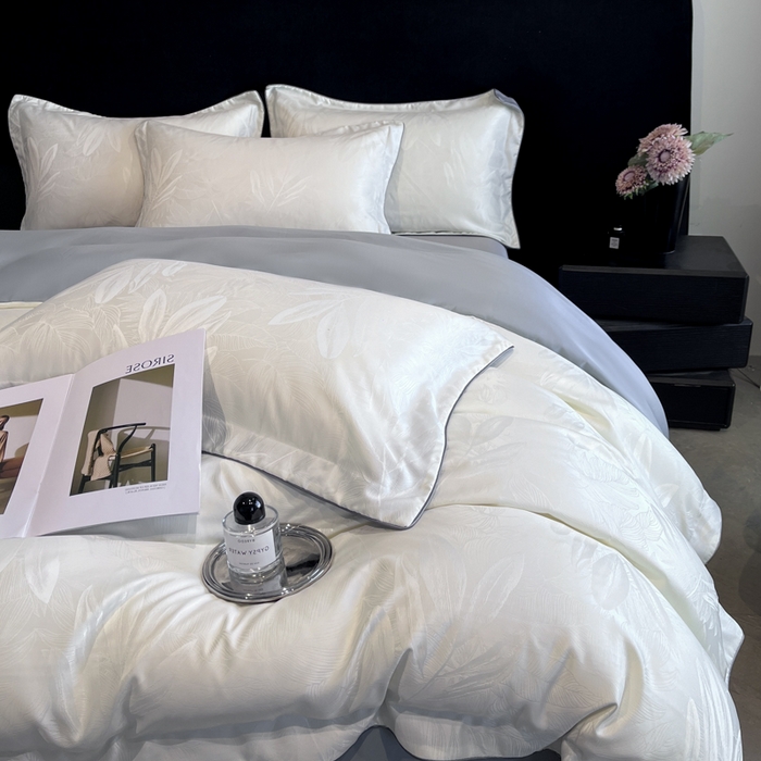 91家纺网 家纺一手货源 找家纺 米彩家纺 2025新款A类水洗真丝天丝提花四件套 一叶深清白拼灰