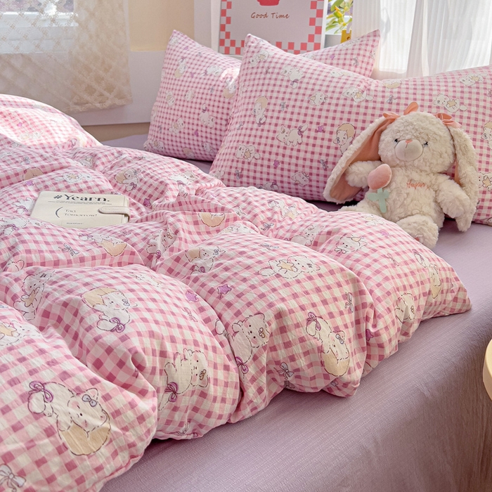 91家纺网 家纺一手货源 找家纺 优选良品 2025新款加厚云感棉双层纱四件套小碎花被套床单床笠款学生三件套新款直播热款 猫猫晚宴