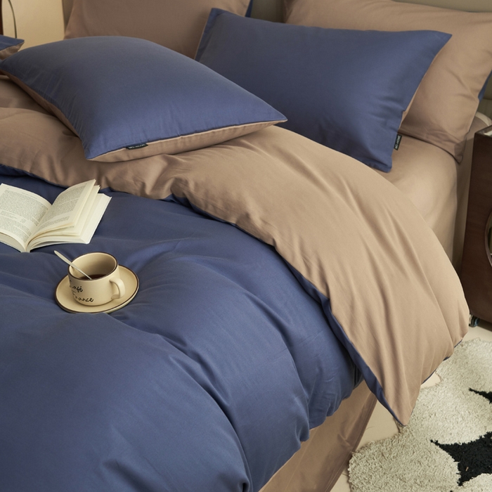 91家纺网 家纺一手货源 找家纺 2025新款全棉13372水洗棉双拼四件套（影棚亮光） 布鲁兰+拾柴