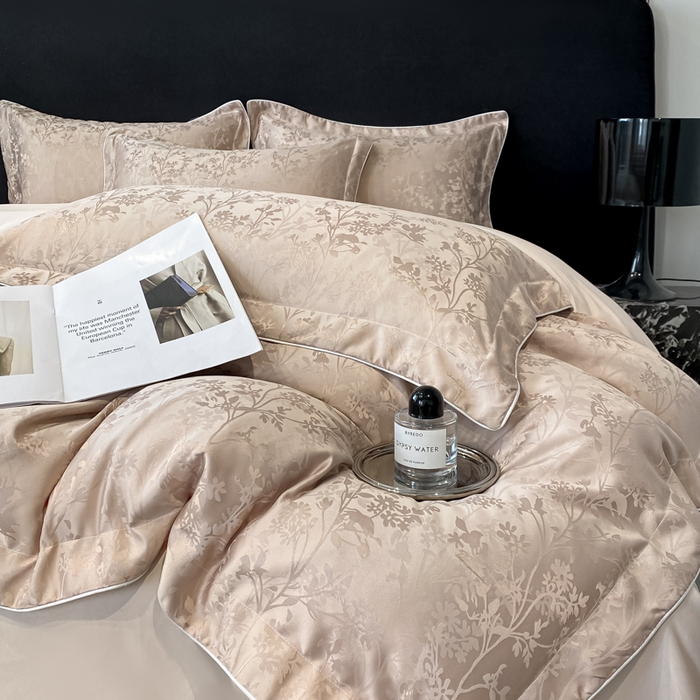 91家纺网 家纺一手货源 找家纺 米彩家纺 2025新款A类水洗真丝天丝提花四件套 花月梦香槟