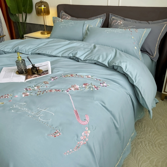 91家纺网 家纺一手货源 找家纺 梵克保罗 2025新款直播热卖长绒棉刺绣花边四件套-莉薇系列 莉薇-梵星绿