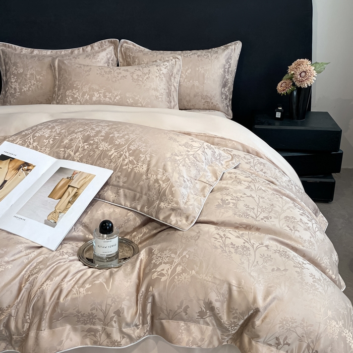 91家纺网 家纺一手货源 找家纺 米彩家纺 2025新款A类水洗真丝天丝提花四件套 花月梦香槟