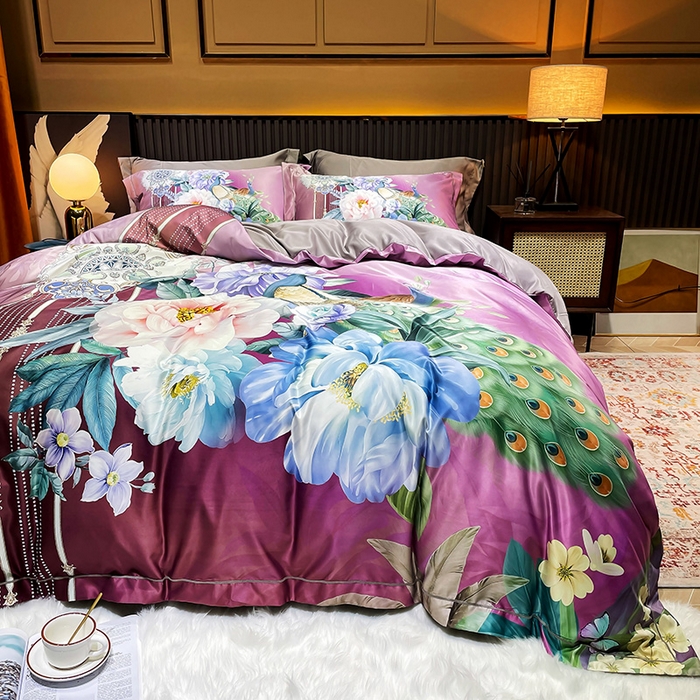 91家纺网 家纺一手货源 找家纺 梵克保罗 2025春夏新款天丝数码大版印花四件套 华尔兹-玫红