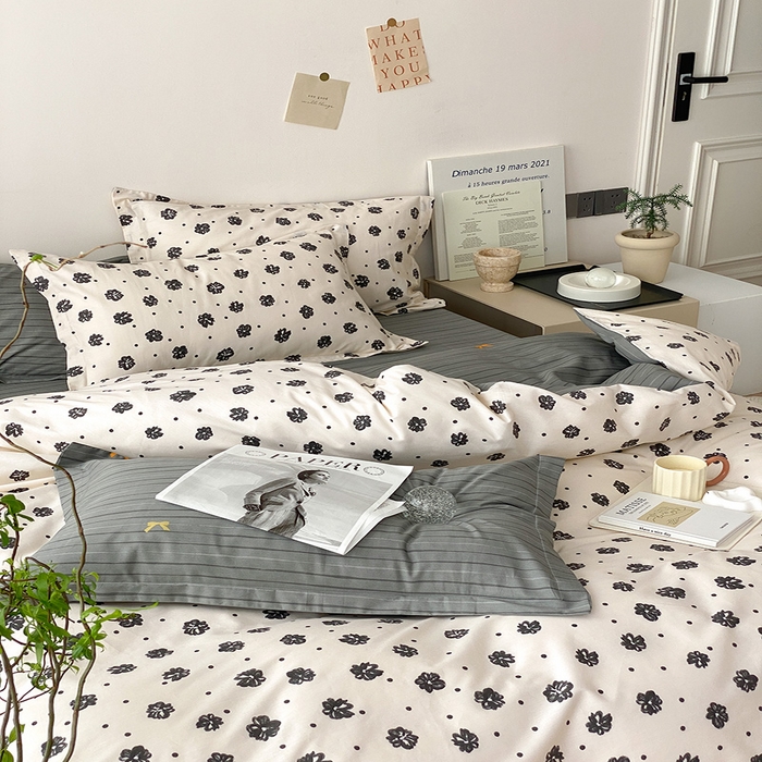 91家纺网 家纺一手货源 找家纺 宜家坊 2025开春新品全棉喷气13070小清新印花纯棉全棉四件套-风格一 黑白恋曲