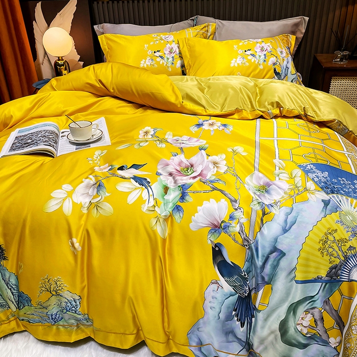 91家纺网 家纺一手货源 找家纺 梵克保罗 2025春夏新款天丝数码大版印花四件套 奥洛琳-金