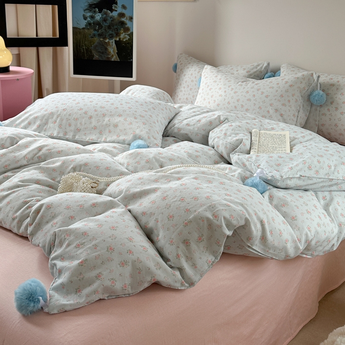 91家纺网 家纺一手货源 找家纺 金爱家 2025新款亲肤舒适纯棉双层纱四件套 双层纱-蓝调花语