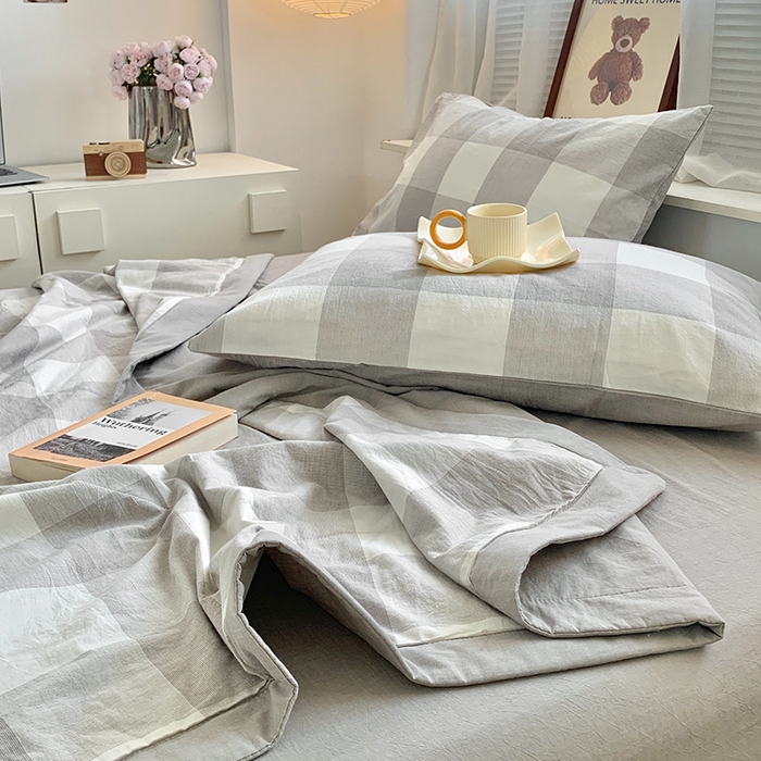 91家纺网 家纺一手货源 找家纺 水洗的故事 2025新款全棉色织水洗棉棉花夏被被子被芯 椰灰大格