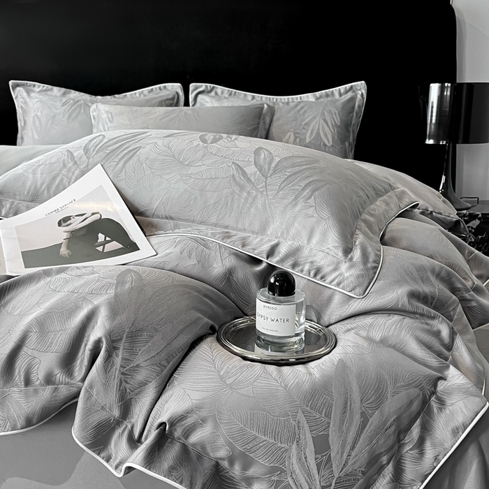 91家纺网 家纺一手货源 找家纺 米彩家纺 2025新款A类水洗真丝天丝提花四件套 一叶深情高级灰