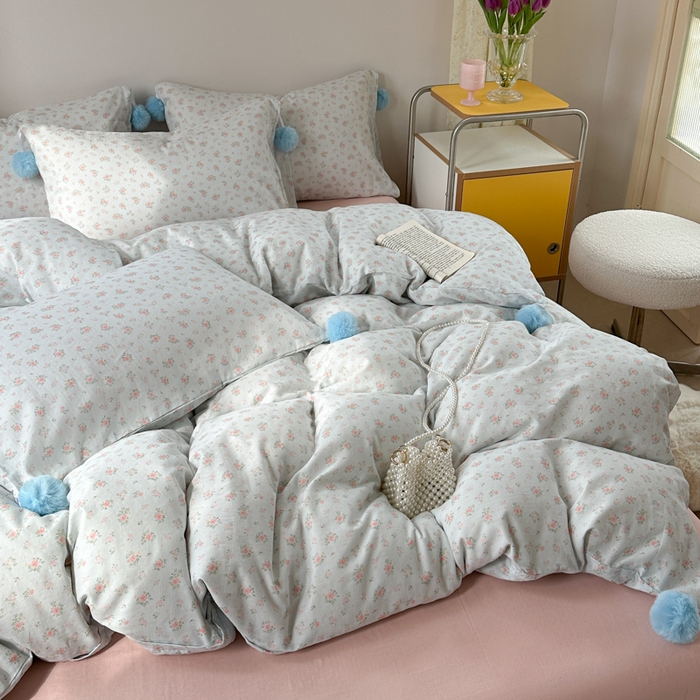 91家纺网 家纺一手货源 找家纺 金爱家 2025新款亲肤舒适纯棉双层纱四件套 双层纱-蓝调花语