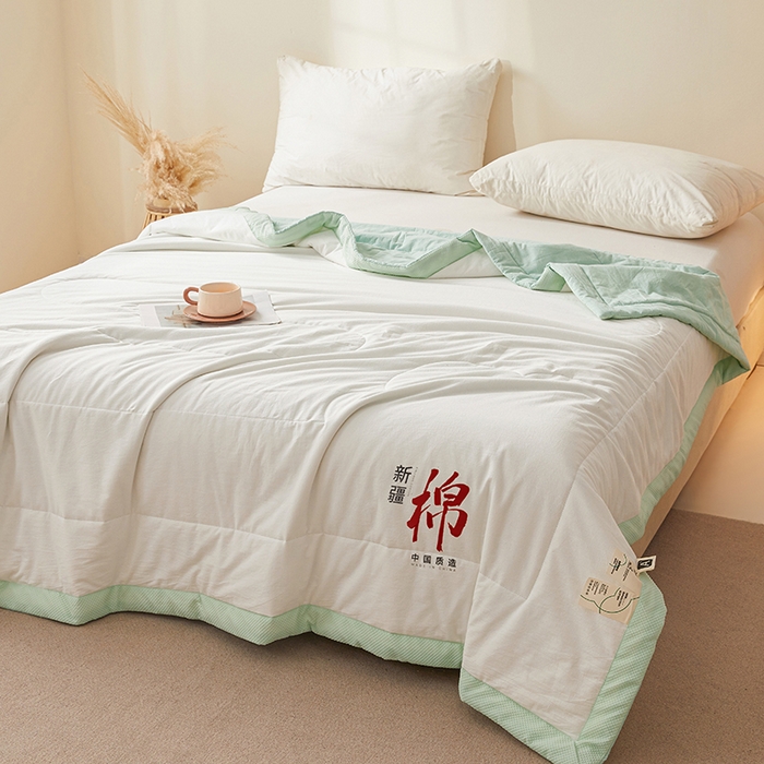 91家纺网 家纺一手货源 找家纺 熙宴家纺 2025新款水洗棉100%新疆棉花夏被-月光白 月光白+绿