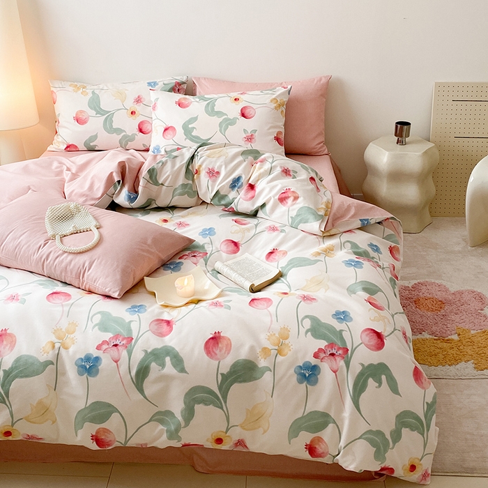 91家纺网 家纺一手货源 找家纺 宜家坊 2025开春新品全棉喷气13070小清新印花纯棉全棉四件套-风格一 时留