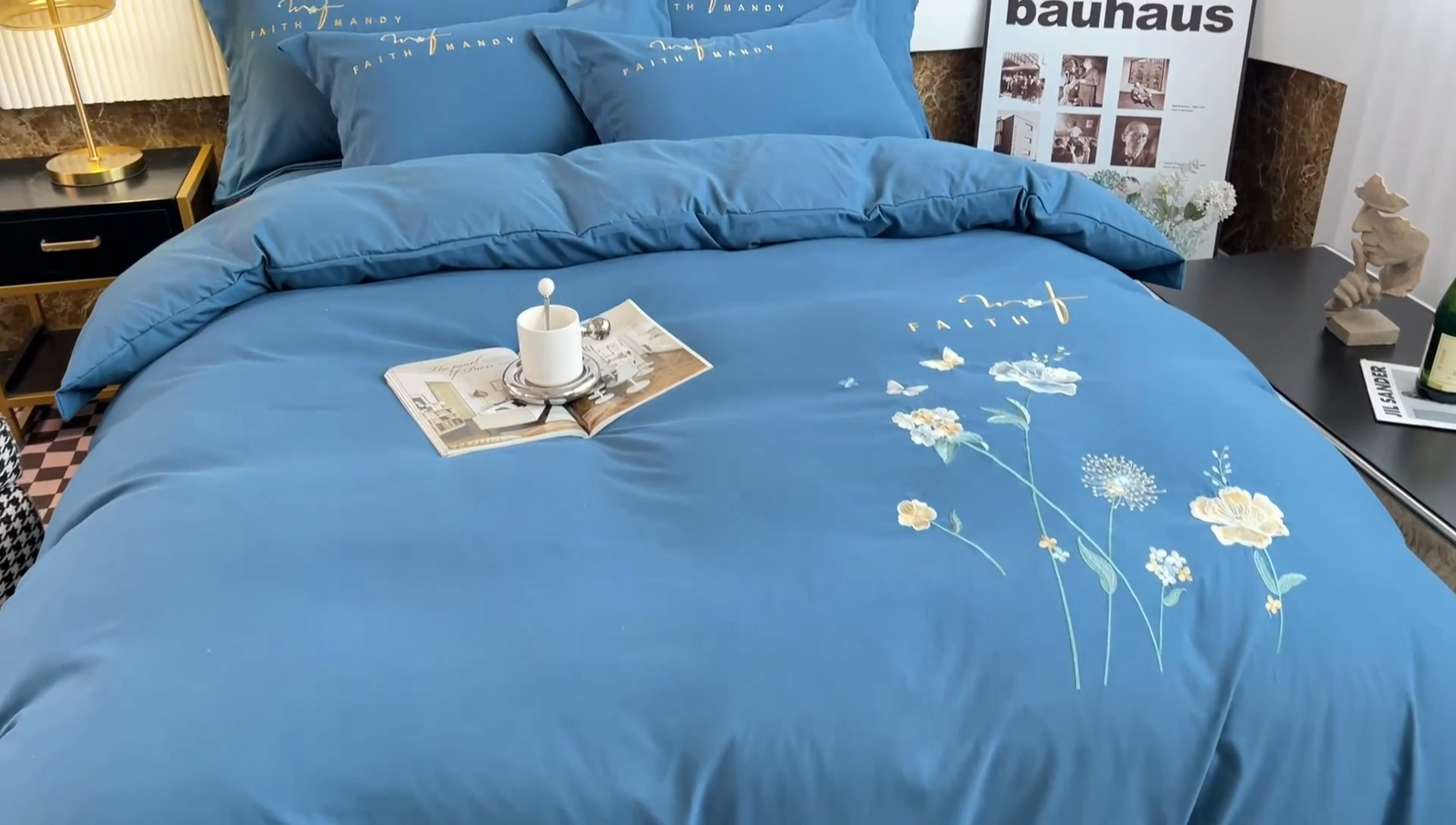 91家纺网 家纺一手货源 找家纺 梵克保罗 2025直播热卖长绒棉刺绣花边四件套-烟雨花都 烟雨花都-钻石蓝